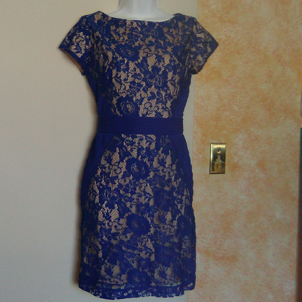 Royal blue & nude lace day to evening dress.
